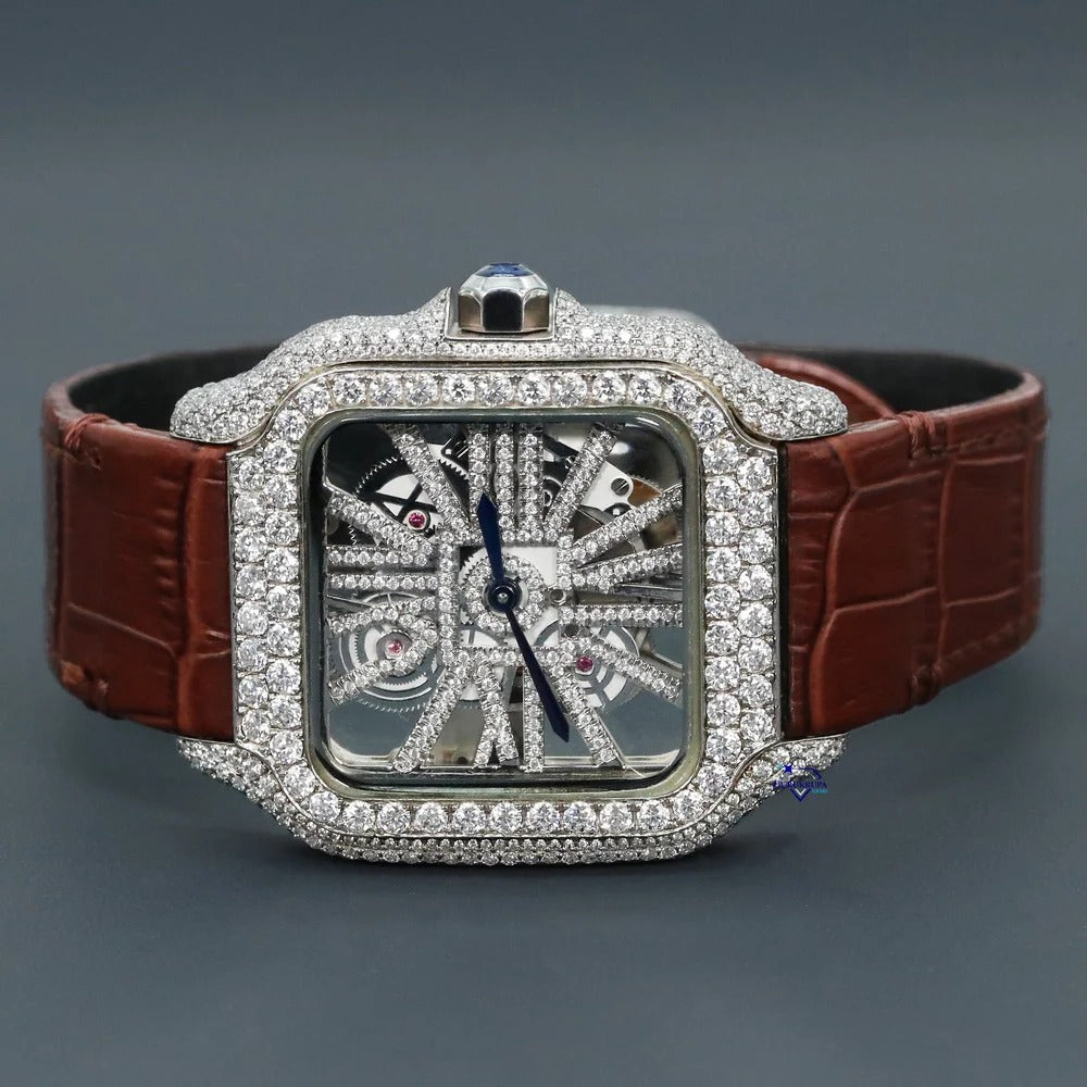 RoseWatch Royal Skeleton Lab-Grown Diamond Watch – Luxury Iced-Out Square Dial Leather Strap Timepiece