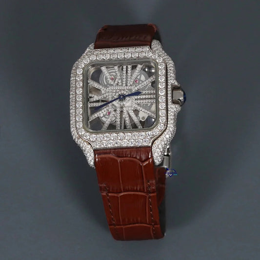 RoseWatch Royal Skeleton Lab-Grown Diamond Watch – Luxury Iced-Out Square Dial Leather Strap Timepiece