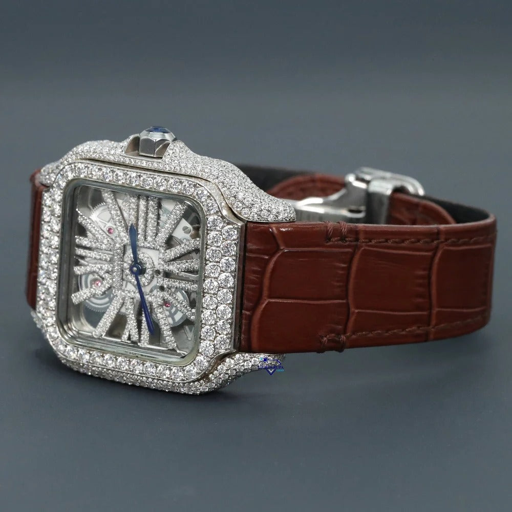 RoseWatch Royal Skeleton Lab-Grown Diamond Watch – Luxury Iced-Out Square Dial Leather Strap Timepiece
