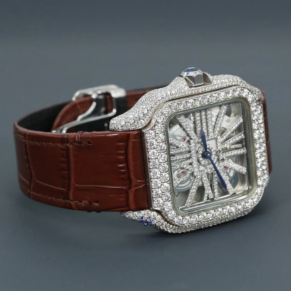 RoseWatch Royal Skeleton Lab-Grown Diamond Watch – Luxury Iced-Out Square Dial Leather Strap Timepiece