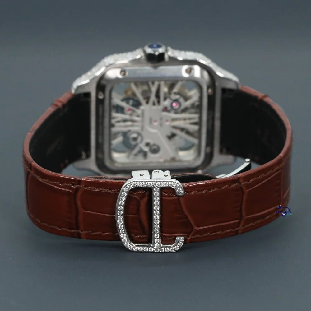 RoseWatch Royal Skeleton Lab-Grown Diamond Watch – Luxury Iced-Out Square Dial Leather Strap Timepiece