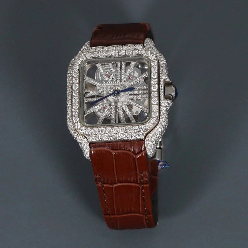 RoseWatch Royal Skeleton Lab-Grown Diamond Watch – Luxury Iced-Out Square Dial Leather Strap Timepiece