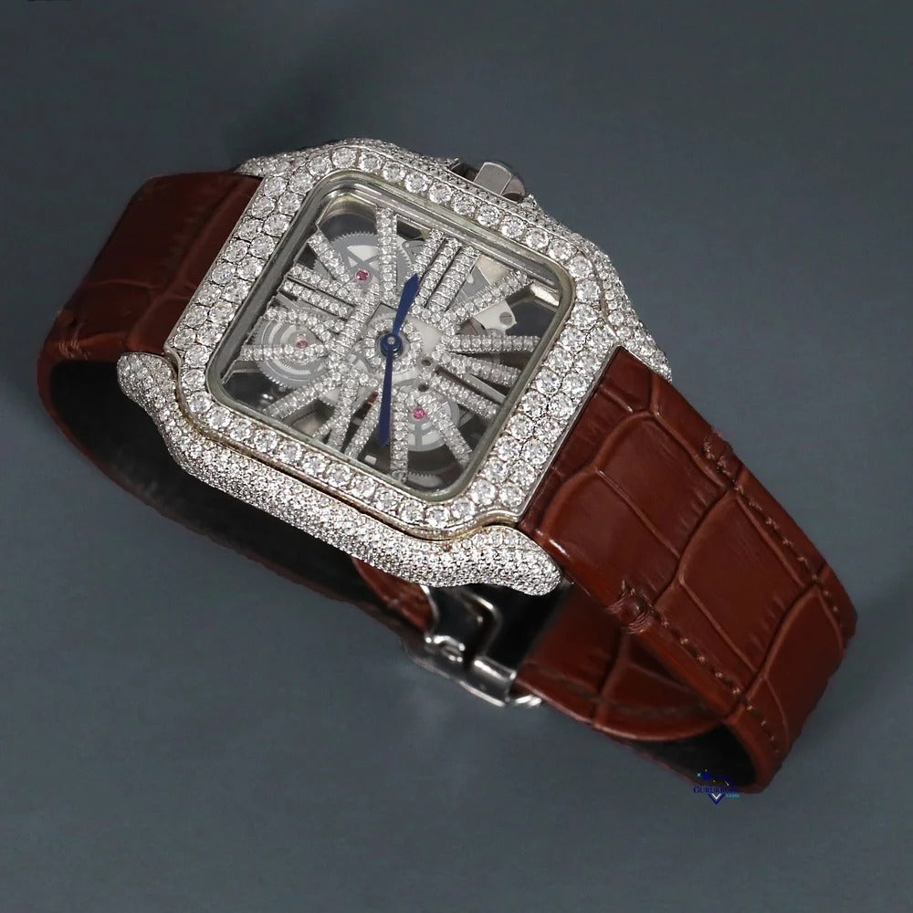 RoseWatch Royal Skeleton Lab-Grown Diamond Watch – Luxury Iced-Out Square Dial Leather Strap Timepiece